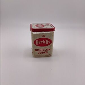 Vintage HERB OX Bouillon Cube Container 12 Cube Plastic Box Metal Lid
